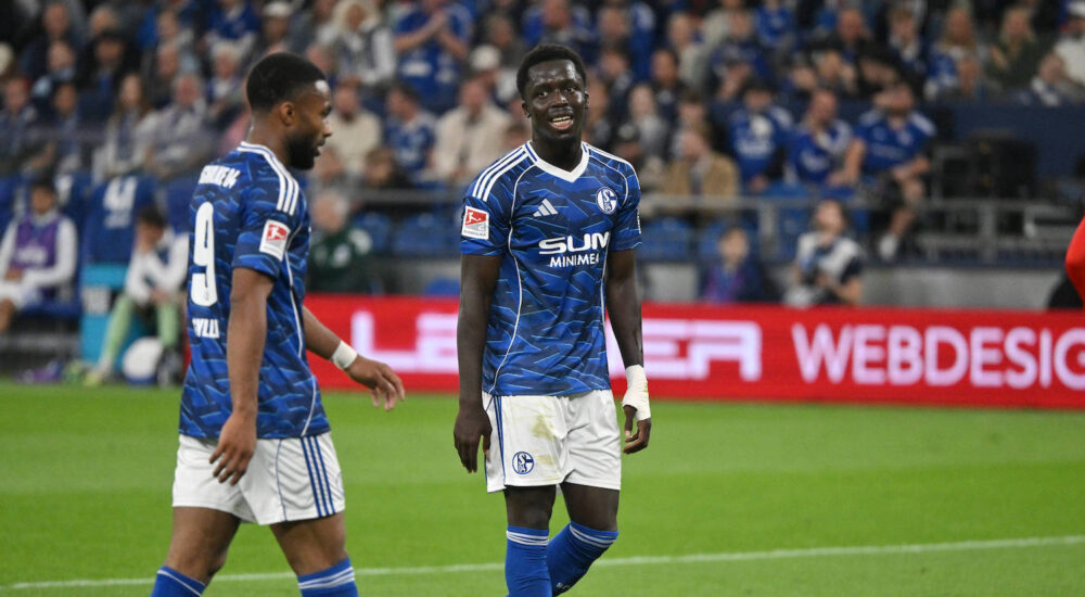 Moussa Sylla FC Schalke 04, Christian Gomis FC Schalke 04, v.li. 13.09.2025, Fussball 2. Bundesliga, Saison 2025/2026, 5. Spieltag, FC Schalke 04 - Holstein Kiel 0:1 DFL regulations prohibit any use of photographs as image sequences and/or quasi-video Gelsenkirchen Veltins Arena Nordrhein Westfalen Deutschland *** Moussa Sylla FC Schalke 04 , Christian Gomis FC Schalke 04 , v li 13 09 2025, Fuﬂball 2 Bundesliga, Saison 2025 2026, 5 Spieltag, FC Schalke 04 Holstein Kiel 0 1 DFL regulations prohibit any use of photographs as image sequences and or quasi video Gelsenkirchen Veltins Arena Nordrhein Westfalen Germany Team2