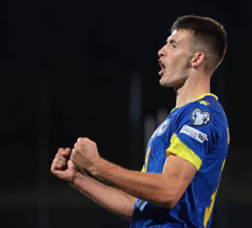 Serravalle, Italy, 6th September 2025. Samed Bazdar of Bosnia and Herzegovina celebrates after scoring to give the side a 4-0 lead the San Marino vs Bosnia-Herzegovina FIFA World Cup, WM, Weltmeisterschaft, Fussball Qualifier match at San Marino Stadium, Serravalle. Picture credit should read: Jonathan Moscrop / Sportimage EDITORIAL USE ONLY. No use with unauthorised audio, video, data, fixture lists, club/league logos or live services. Online in-match use limited to 120 images, no video emulation. No use in betting, games or single club/league/player publications. SPI_039_JM_SANMARINO_BOSNIA_ SPI-4110-0039