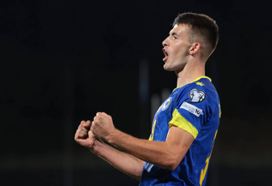 Serravalle, Italy, 6th September 2025. Samed Bazdar of Bosnia and Herzegovina celebrates after scoring to give the side a 4-0 lead the San Marino vs Bosnia-Herzegovina FIFA World Cup, WM, Weltmeisterschaft, Fussball Qualifier match at San Marino Stadium, Serravalle. Picture credit should read: Jonathan Moscrop / Sportimage EDITORIAL USE ONLY. No use with unauthorised audio, video, data, fixture lists, club/league logos or live services. Online in-match use limited to 120 images, no video emulation. No use in betting, games or single club/league/player publications. SPI_039_JM_SANMARINO_BOSNIA_ SPI-4110-0039