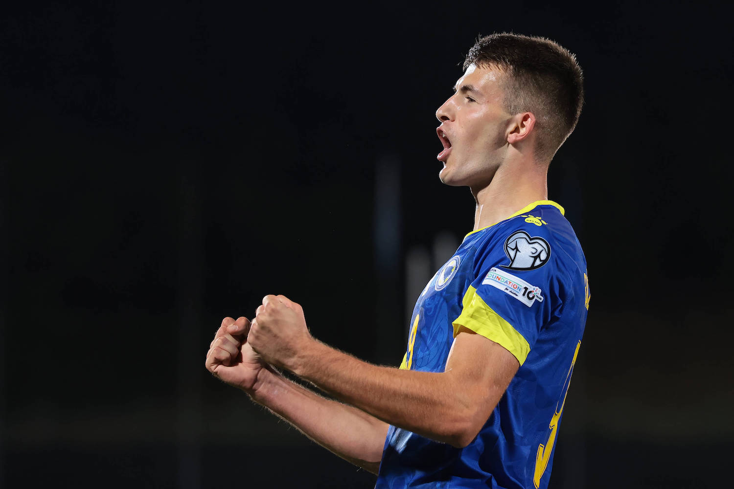 Serravalle, Italy, 6th September 2025. Samed Bazdar of Bosnia and Herzegovina celebrates after scoring to give the side a 4-0 lead the San Marino vs Bosnia-Herzegovina FIFA World Cup, WM, Weltmeisterschaft, Fussball Qualifier match at San Marino Stadium, Serravalle. Picture credit should read: Jonathan Moscrop / Sportimage EDITORIAL USE ONLY. No use with unauthorised audio, video, data, fixture lists, club/league logos or live services. Online in-match use limited to 120 images, no video emulation. No use in betting, games or single club/league/player publications. SPI_039_JM_SANMARINO_BOSNIA_ SPI-4110-0039