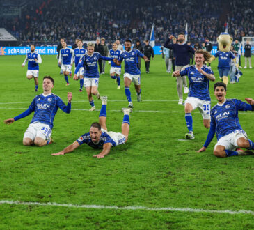 Jubel und Freude über den Sieg bei der Mannschaft von Schalke 04 , hier mit Kenan Karaman Schalke 19 , Vitalie Becker Schalke 33 , Nikola Katic Schalke 25 , Mertcan Ayhan Schalke 43