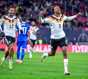 17.11.2025, Fuﬂball, L‰nderspiel, WM-Qualifikation Europa, Deutschland - Slowakei, Red Bull Arena Leipzig, 10. Spieltag, Saison 2025 2026: Torjubel nach dem Tor zum 6:0 durch Torsch¸tze Forzan Assan Ouedraogo GER 09 zusammen mit Leon Goretzka GER 08 Felix Nmecha GER 13 Regulations prohibit any use of photographs as image sequences and or quasi-video. Sachsen Deutschland *** 17 11 2025, Football, International match, World Cup Qualification Europe, Germany Slovakia, Red Bull Arena Leipzig , Matchday 10, Season 2025 2026 Goal celebration after the goal to 6 0 by scorer Forzan Assan Ouedraogo GER 09 together with Leon Goretzka GER 08 Felix Nmecha GER 13 Regulations prohibit any use of photographs as image sequences and or quasi video Sachsen Deutschland