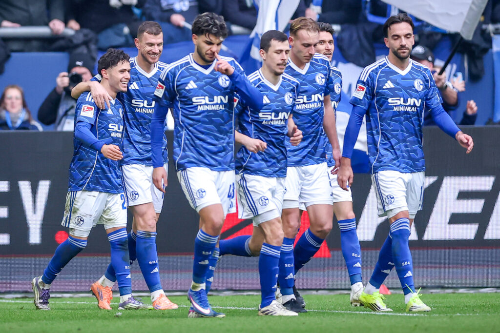 Fußball, FC Schalke 04 - SG Dynamo Dresden, 21. Spieltag, 2. Fußball Bundesliga, Veltins-Arena Gelsenkirchen, Saison 2025 2026: Soufiane El-Faouzi, Edin Dzeko, Mertcan Ayhan, Ron Schallenberg, Kenan Karaman