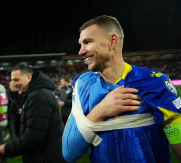 FIFA World Cup, WM, Weltmeisterschaft, Fussball 2026 European playoffs - Bosnia and Herzegovina vs Italy Edin Dzeko of Bosnia and Herzegovina celebrates after the team won the penalty shoout-out in the FIFA World Cup 2026 European playoff match between Bosnia and Herzegovina and Italy in Zenica, Bosnia and Herzegovina, 31 March 2026. Zenica Bosnia And Herzegovina PUBLICATIONxINxGERxAUTxINDxONLY Copyright: xNIDALxSALJICx