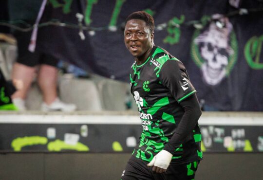 Cercle s Oumar Diakite celebrates after scoring during a soccer match between Cercle Brugge and FCV Dender EH, Friday 24 April 2026 in Brugge, on day four of the Relegation Play-offs of the 2025-2026 Jupiler Pro League first division of the Belgian championship. KURTxDESPLENTER PUBLICATIONxNOTxINxBELxFRAxNEDxLUX x171905096x